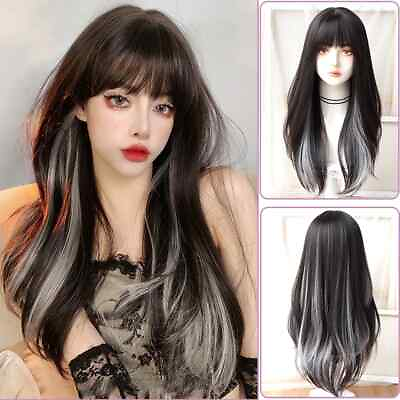 #ad 2024 new Long black mixed red synthetic wig role playing wig with bangs