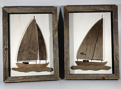 #ad Pair 2 Driftwood Nautical 3D Sailboat Boat Rustic Framed 10.25” X7.5”