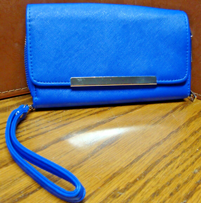 #ad Blue Bi Fold Clutch Wallet Two Zip Compartments Inner Zipper Snap Closure 905