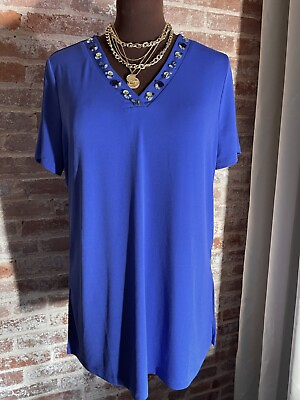 #ad New Susan Graver Artisan Indigo Blue Short Sleeve Stretch Blouse Rhinestone Top