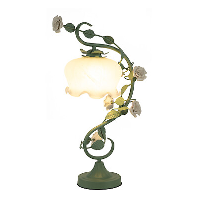 #ad Green Flower Petal Table Lamp Bedroom Bedside Flower Night Light Glass Lampshade
