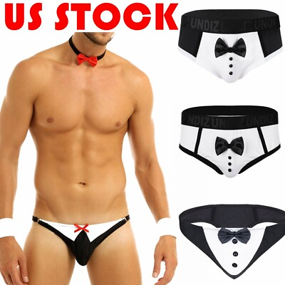 #ad Men#x27;s Sexy Tuxedo Bow Tie Boxer Briefs Underwear Waiter Cosplay Costume Lingerie