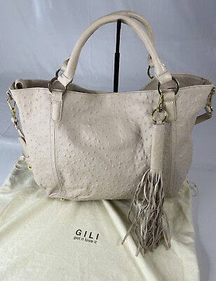 #ad Gili Got It Love it Purse Beige Ostrich Embossed Leather Satchel Handbag NEW