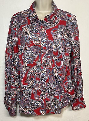 #ad Jones New York Large Button Down Shirt Red Blue Paisley Long Sleeve Collar Top