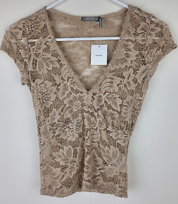 #ad Urban Outfitters Lace Shirt Tan Beige Stretch Sheer V Neck Women#x27;s Size Large