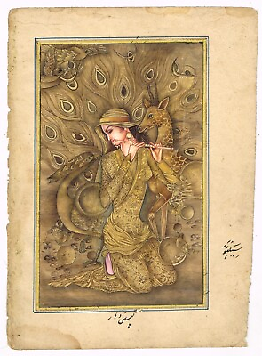 #ad Persian Miniature Painting A Woman Playing Flute With Deer On Paper 6.5x9 Inches
