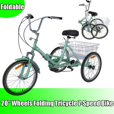 #ad Portable Adult Folding Tricycle Bike 7 Speed 20quot; Three Wheels Trike Bicycle