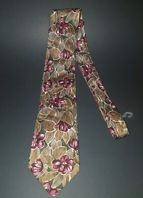 #ad Oscar de la Renta 100% Silk Floral Design Burhundy Green Brown Designer Necktie