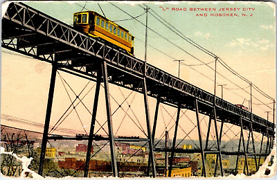 #ad Postcard #x27;L#x27; Road Bridge Trolley Hoboken and Jersey Coty New jersey