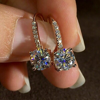 #ad 3CT Round Cut Moissanite Women Hook Drop Dangle Earrings 18K Yellow Gold Plated