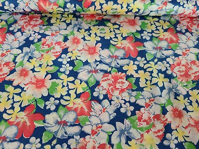 #ad BTY X 60quot;W Lawn Fabric Floral Light Weight Multicolored On Blue Background Sew