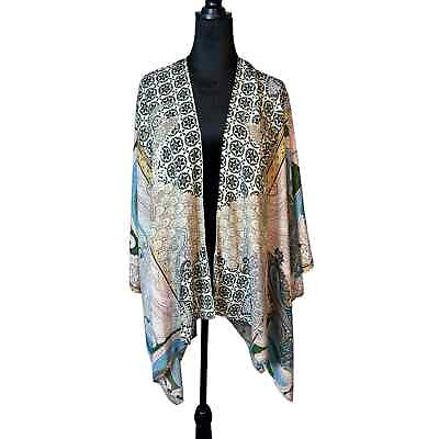 #ad Bohemian Paisley Kimono Duster One Size Teal Multicolor Floral Cotton Blend