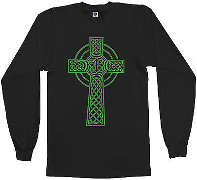 #ad Threadrock Men#x27;s Green Celtic Cross Long Sleeve T shirt Irish Pride Religious