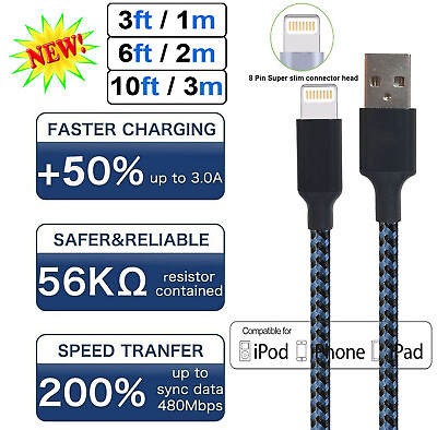 For iPhone 6 7 8 Plus iPhone 11 XR Xs Max 12 13 Charger USB Cable Cord 3 6 10FT $5.99