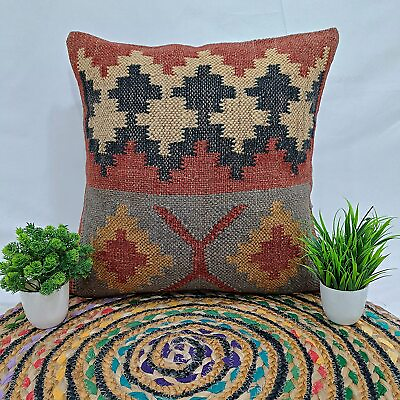 #ad 18X18 Inch Indian Square Handmade Jute Cushion Cover Kilim 100% Wool Pillow Cove