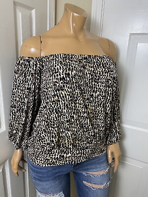 #ad Chaus Womens Off Shoulder Blouse Size XL Brown Black Animal Print Top