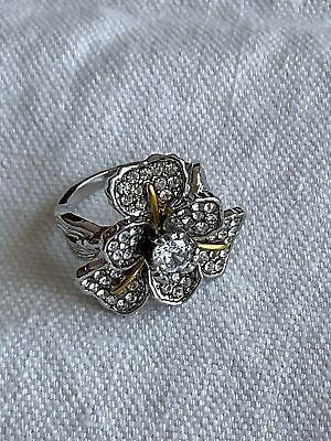 #ad Gold Silver Tones Cocktail Ring Size 7 Flower With Clear Rhinestones