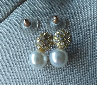 #ad Costume pierced earrings pearl beads gold tone faux gem dome cluster stud used