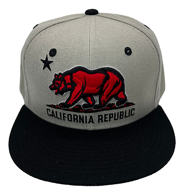 #ad California Republic Cali Bear Flag Flat Bill Snapback Cap Hat Grey with Red Bear