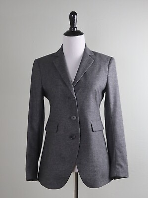 #ad THEORY $395 Ediona Gray Virgin Wool Plaid Lined Blazer Jacket Top Size 4