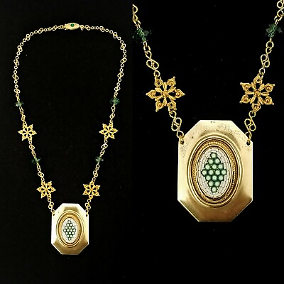 #ad Vintage Italian Mosaic Green Filigree Green Crystal Brass Necklace Awesome