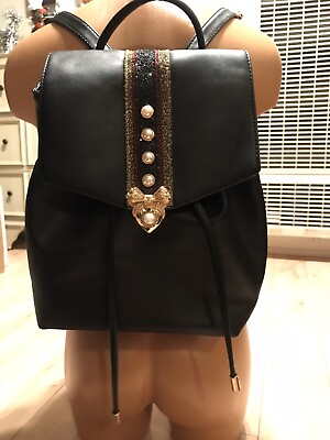 #ad ALDO Aradoven Heart Pearl Bow Black Faux Leather Backpack Gold Trendy Fashion