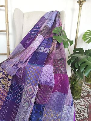 #ad Vintage Patchwork Kantha Bedspread Indian Handmade Quilt Throw Cotton Blanket