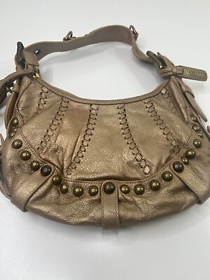 #ad Isabella Fiore Hobo Gold Braided Leather Studded Tassel Buckle Shoulder Bag