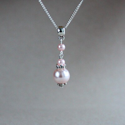#ad Pink blush pearls silver plated chain wedding bridesmaid bridal pendant necklace