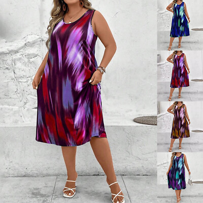 #ad Plus Size Women Boho Tie Dye Sleeveless Midi Dress Summer Beach Holiday Sundress