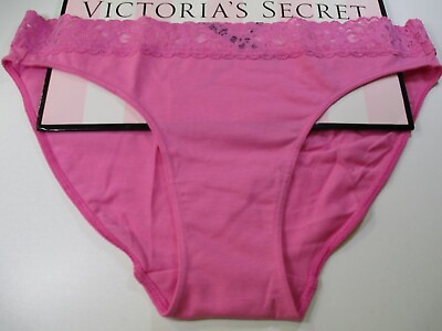 #ad VICTORIA#x27;S SECRET Hot Pink Cotton Bikini Panty L LARGE Lace Waist Sexy VS NWT