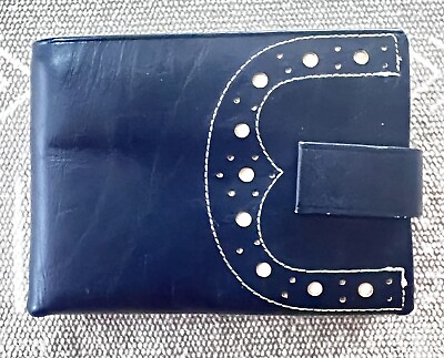 #ad New Vintage Button Genuine Leather Navy Convertible Wallet