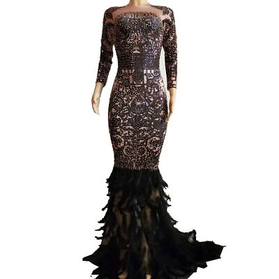 #ad Fashion Women Sexy Rhinestones Feather Long Dress Prom Costumes Party Dresses