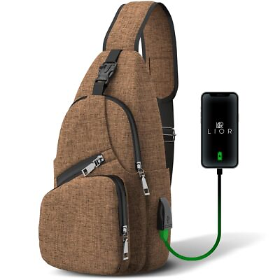 #ad Lior Sling Bag Crossbody Shoulder Backpack with USB Charging Port Men Brown