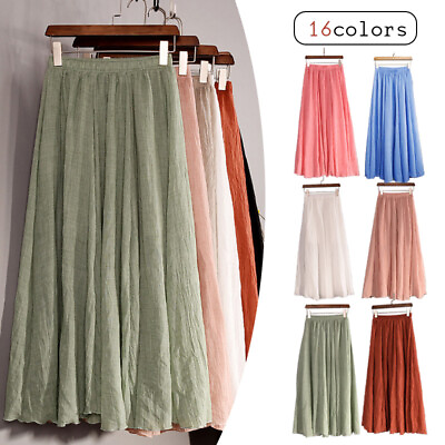 #ad Women#x27;s Summer A Line Stretchy Waist Cotton Linen Long Flowy Skirt Solid Color