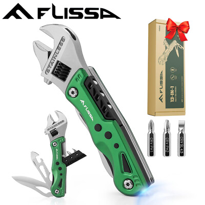 #ad FLISSA 13 in 1 Multi Tool Wrench Adjustable Wrench LED Light EDC Pocket Knife US
