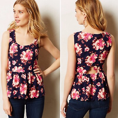 #ad NWT Anthropologie Postmark Clovelly Peplum Top LARGE Navy Pink Floral Sleeveless