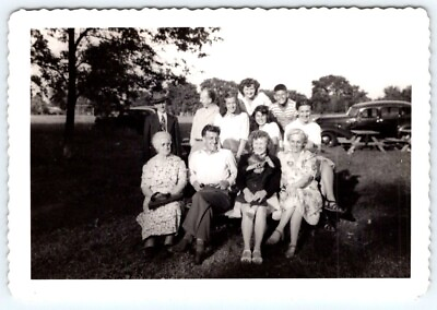 #ad Vintage Photo Large Family Pose At Picnic Women Men 1940#x27;s Found Art DST9