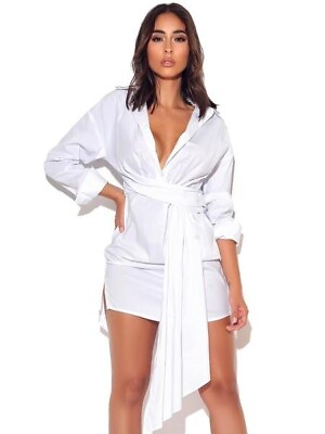 #ad Women White Stretchy Shirt Dress