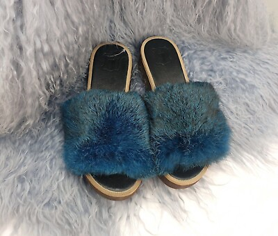 #ad Blue marine summer real fur women slippers Sandals Outdoor Platform Shoes