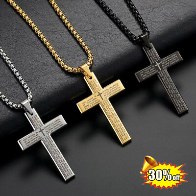 Cross Necklace for Men Women Stainless Steel Engrave Lord#x27;s Prayer Pendant Chain