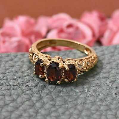 #ad 3Ct Oval Cut Three Stone Red Garnet Vintage Engagement Ring 14K Yellow Gold Over