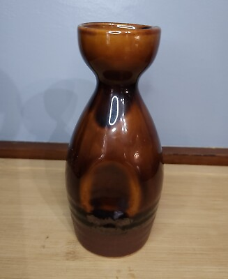 #ad Vintage Japanese Saki Bottle Brown Tones Stoneware Pinched Sides 5.5quot;