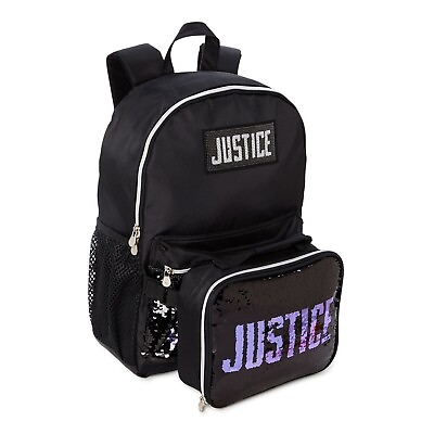 #ad Justice Girls Purple amp; Black Sequins Backpack amp; Lunch Tote 2 piece Set NWT