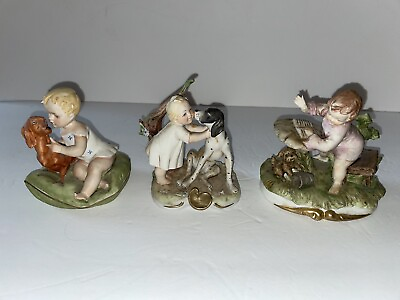 #ad 3 pc LOT: Vintage Collectible ANDREA by SADEK Bisque Figurines Girls w DOGS