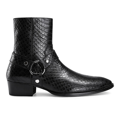 #ad Pointed Toe Mens Zipper Chelsea Ankle Boots Snakeskin Printed Heels Real Leather