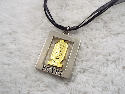 #ad Silvertone Goldtone EGYPT Cartouche Pendant Black Voile Ribbon Necklace D43