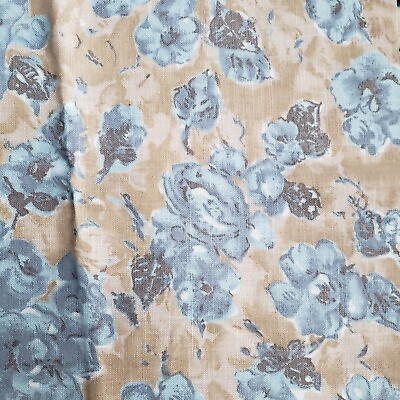 #ad Vintage 60s Tan Blue Floral Medium Weight Woven Fabric Cotton Linen 2.6y X 43quot;