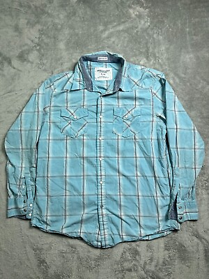 #ad Mens Shirts XL Button Up American Eagle Blue Plaid Long Sleeve Snaps Vintage Fit