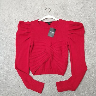 #ad Forever 21 Sweater Womens M Bright Red Pullover Puff Sleeve Holiday Party Cotton